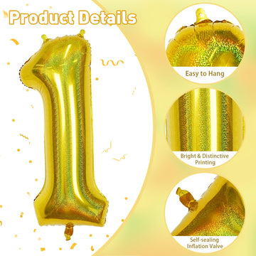 Laser Gold Number 1 Balloons, 40 Inch Foil 1 Balloons For 1 Year Old Birthday Decor, Giant Helium Self Inflating 1 Number Balloo