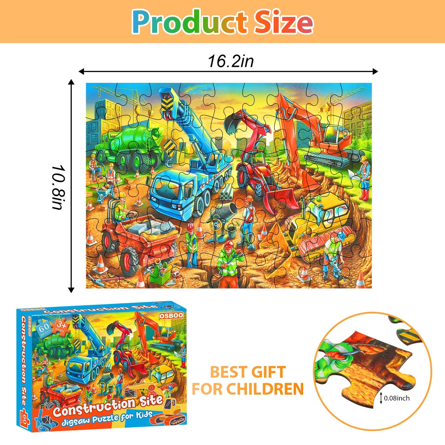 Jigsaw Puzzles For Kids Ages 3-5, 4-8, 6-8 Boys Girls - 60 Piece Construction Site - Large Piece Children Floor Jigsaw Puzzles - Science Educational Toys For 3 4 5 6 7 8 Years Old