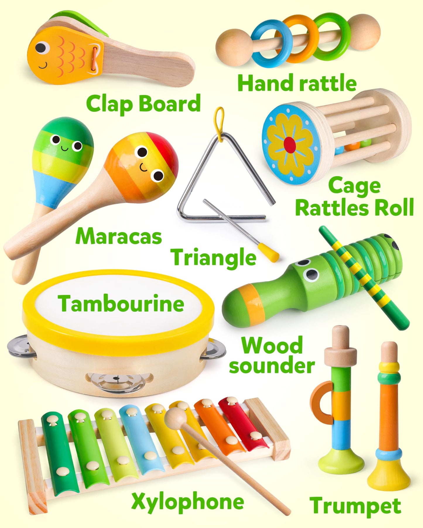 Coogam Wooden Musical Instruments Playset - Colorful Tambourine, Xylophone, Flute, Maracas - Medium Size Educational Toy