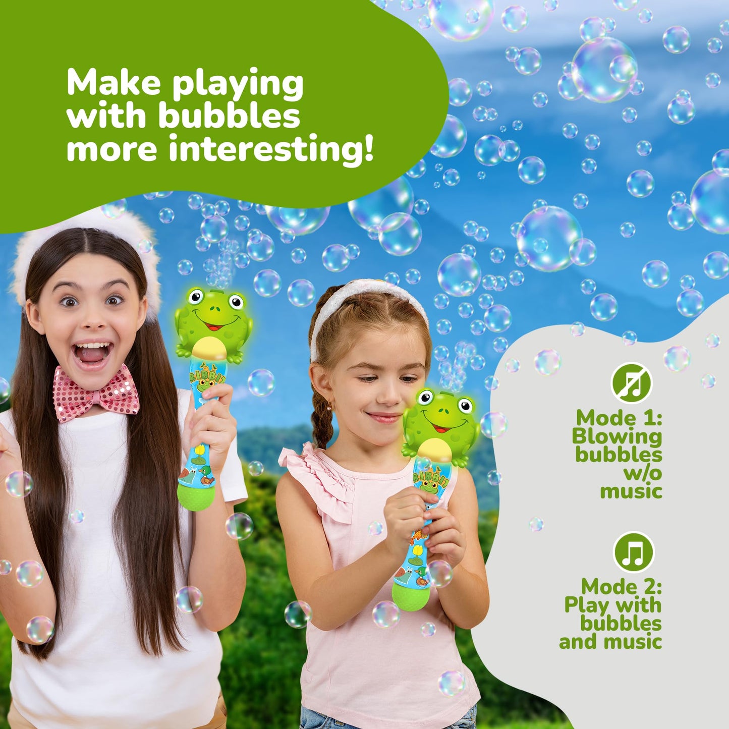 ArtCreativity Frog Bubble Wand - Handcrafted Frog Toys with Bubbles Refill Solution  Stickers  Music & Lights - Kids Summer Outdoor Activity - Birthday Party Favors - Bubble Blower Machine