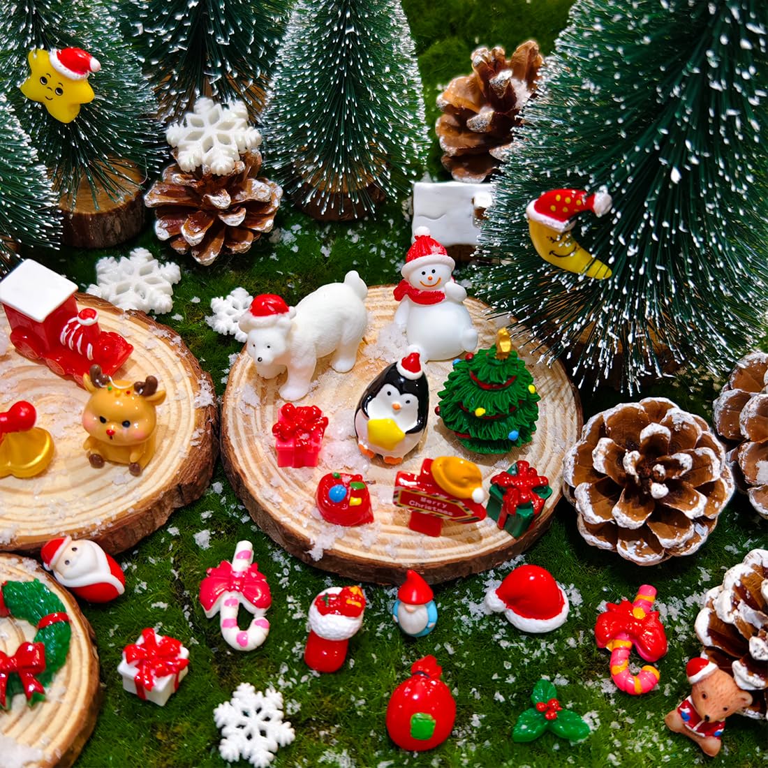 50PCS Miniature Christmas Figurines Set - Mini Resin Christmas Decorations with Snowflakes  Santa  Snowman  Tree  Gifts - Mini Resin Figures for Crafts  Dollhouse & Holiday D?cor