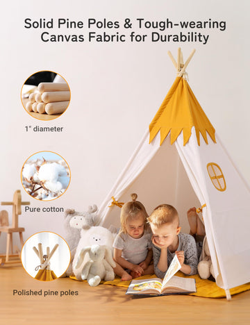 Besrey Toddler Teepee With Padded Mat And Lights, Play Tent For Kids Indoor, Baby Tipee Tent, Large Canvas Childrens Teepee, White Toddler Teepee, Gift For Boys And Girls (Yellow+White)