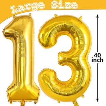 Gold 13 Balloon Numbers, Large 13 Or 31 Foil Balloons, Big Number Balloons 40 Inch For 13Th / 31St Birthday Party And Anniversar