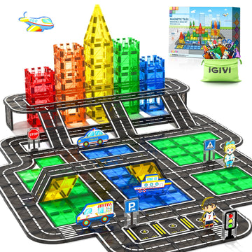 IGIVI 104 PCS Magnetic Tiles Road Set - Colorful STEM Building Blocks for Kids 3+, Perfect Christmas & Birthday Gifts for Boys & Girls