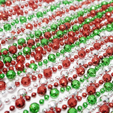 Dyhayaer 100Pcs Christmas Mardi Gras Beads Necklaces Bulk (7mm 33Inch), Green, Silver, Red Metallic Costume Beaded Necklaces for