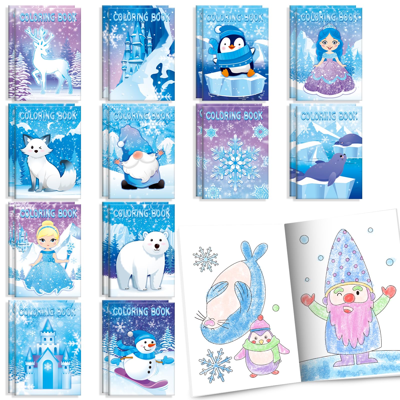 BenLouis 24 Pcs Frozen Mini Coloring Books Kids Winter Snowflake Party Favors Small Activity Books Bulk for Kids Winter Holiday 