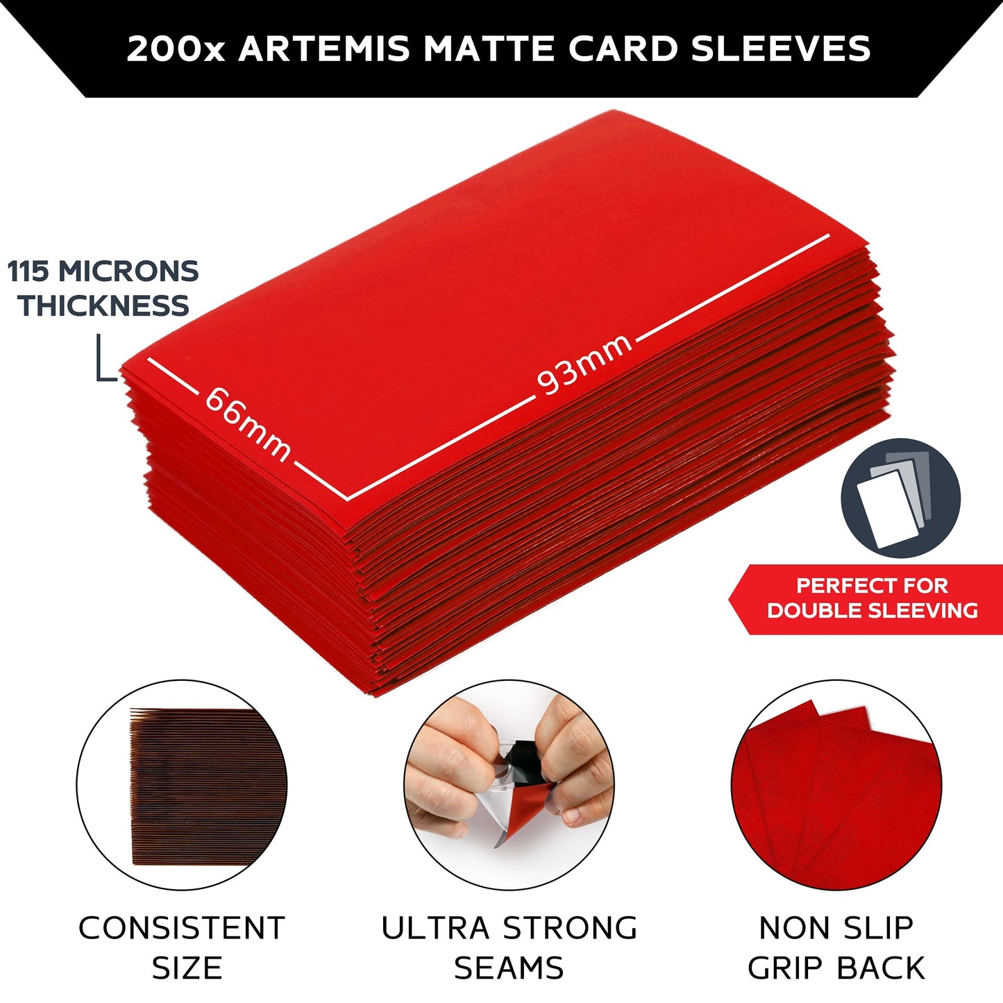 Quiver Time 200 Artemis Standard Size Red Card Sleeves fits Magic: The Gathering Cards - Single Matte TCG Card Protectors Deck Sleeves for Cards for Double Sleeving (66x93mm)