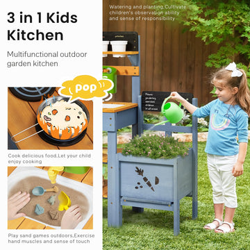 Frogprin Mud Kitchen With Planter Box, Outdoor Play Pretend Kitchen With Stoves, Removable Sink, Faucet, Blackboard, Cooking Acc