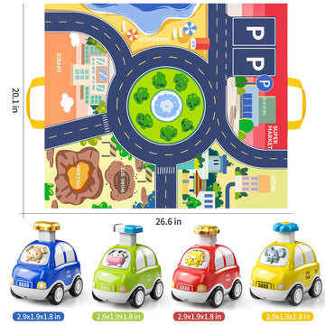 TEMI 4PCS Inertia Animal Car Toys with Play Mat/Storage Bag for Toddlers Toy Age 1-3, Baby Toys 1 2 3 Years Old Boys Birthday Ne