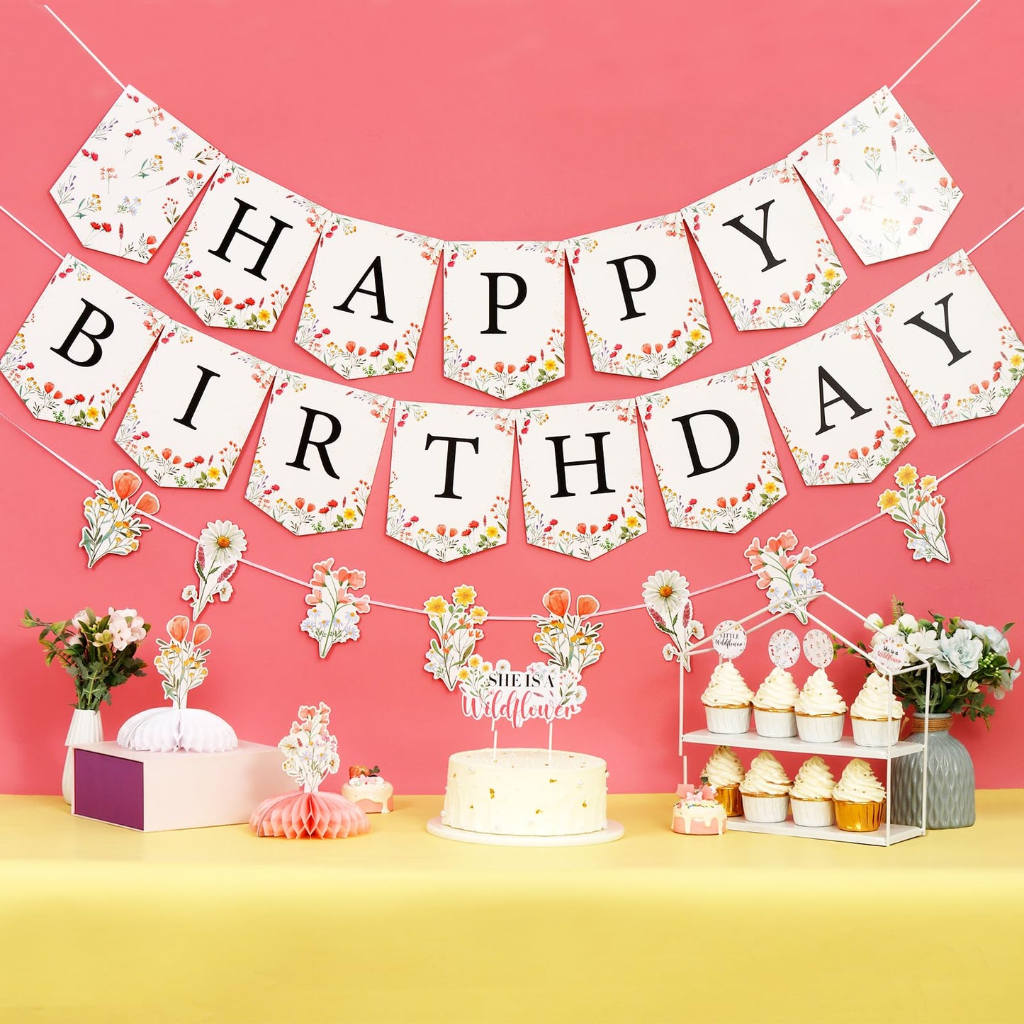 Fangleland Wildflower Happy Birthday Banner Garland Sign Party Decorations Set, Pre-strung No DIY Floral Flower Theme Birthday B