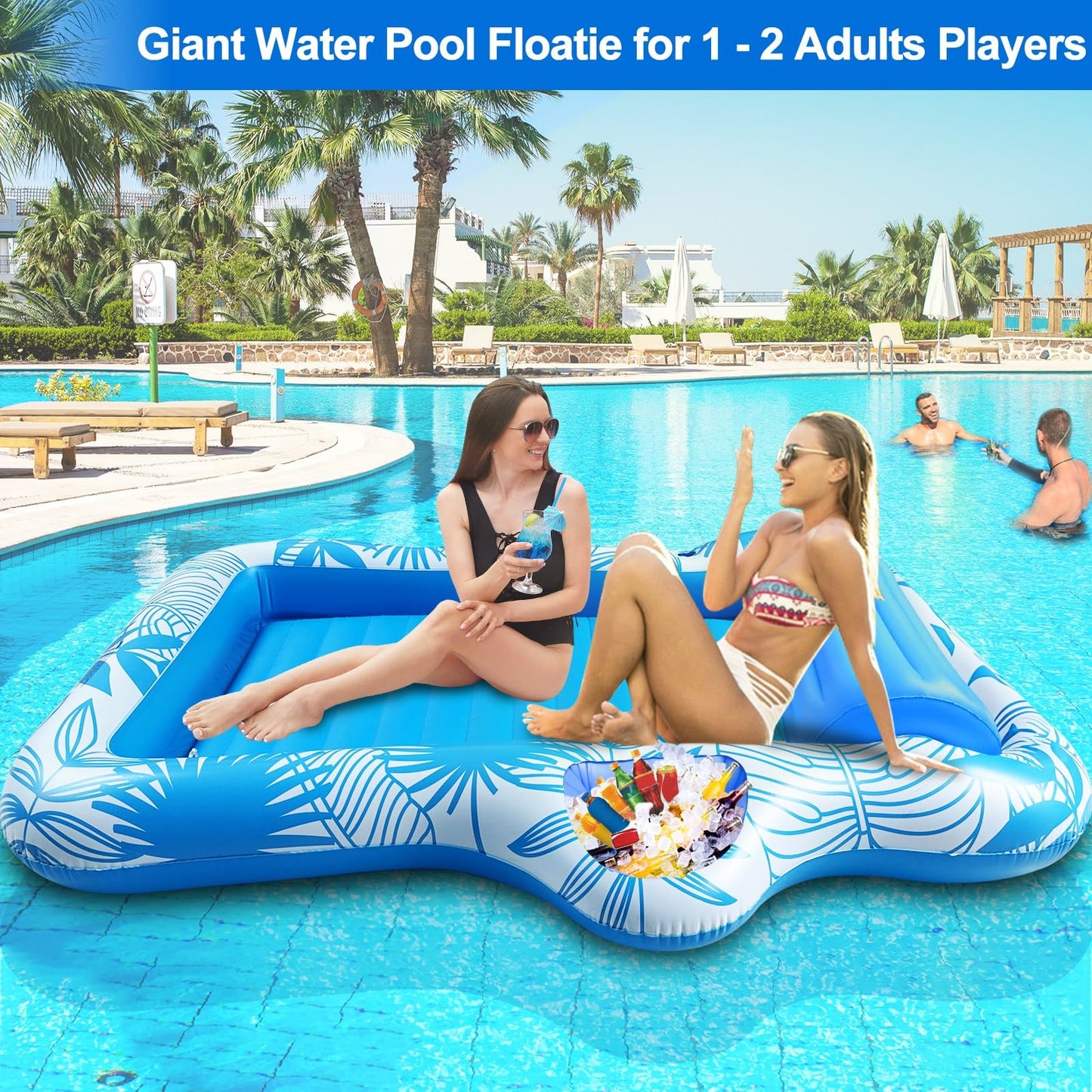 TURNMEON Extra Large Inflatable Tanning Pool Float Lounger with Backrest & Drink Holder, Pink/Blue, Water-Filled, Perfect for Pool Parties