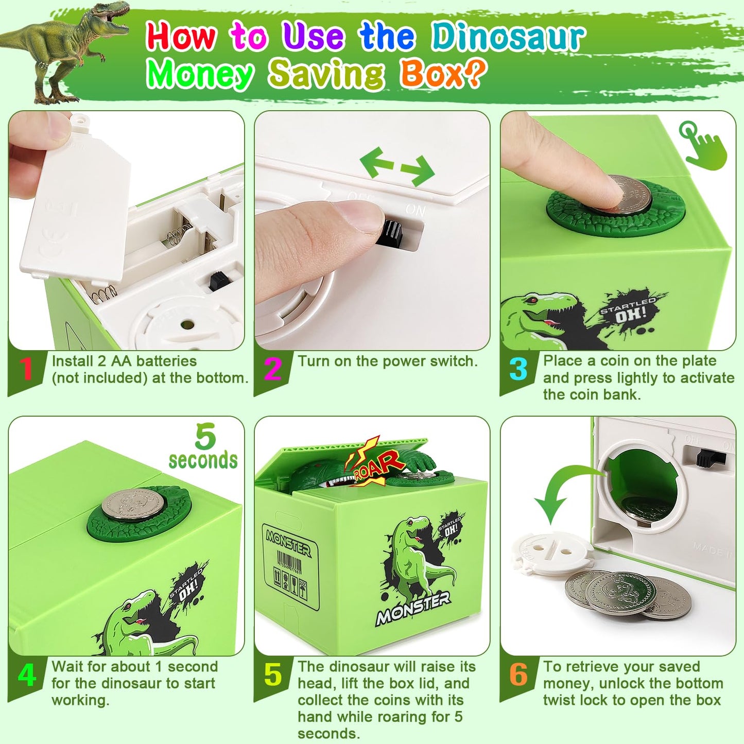 Piggy Bank For Kids, Fnny Money Coin Bank For Boys And Girls, Dinosaur Piggy Banks With Diy Stickers For Toddler Kids, Christmas