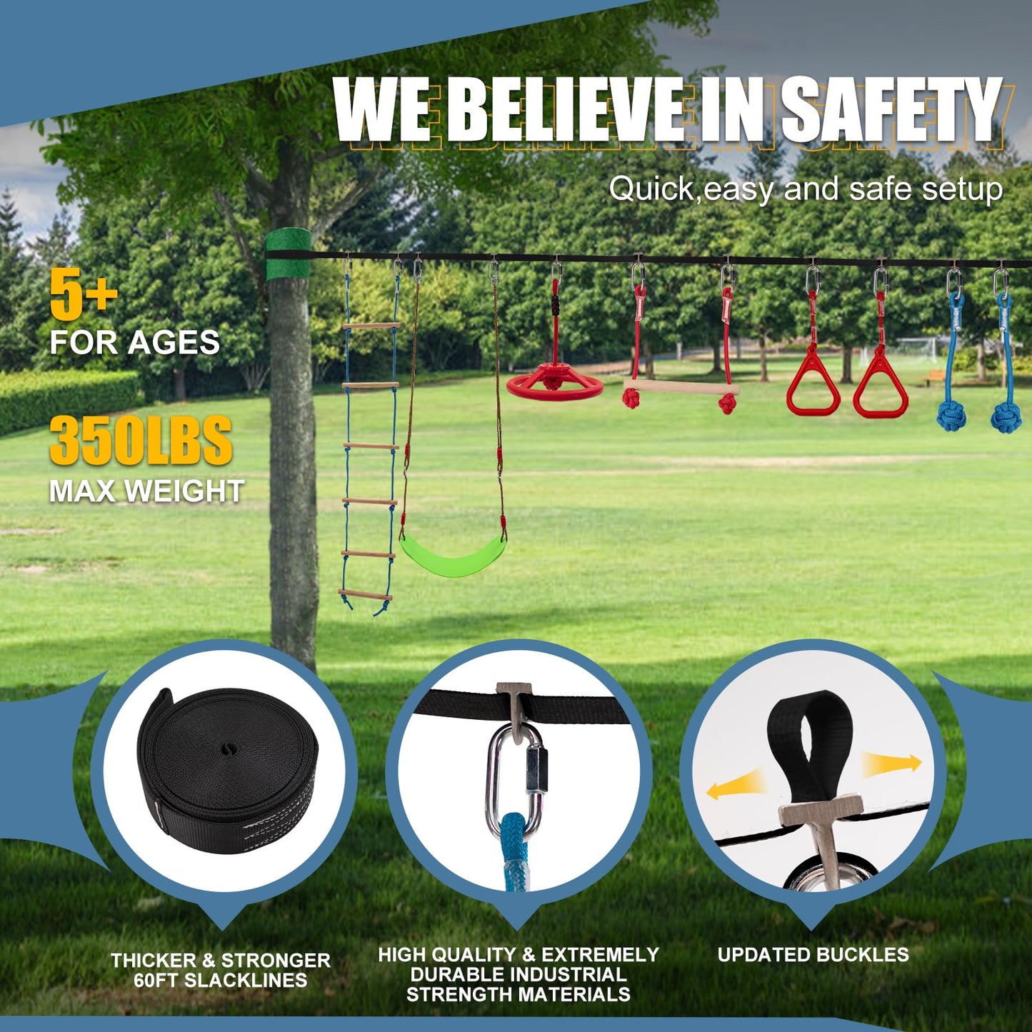 Slsy 60Ft Ninja Warrior Obstacle Course (10 Obstacles), Ninja Slackline Kit For Kids, Durable Playset Equipment With 10 Complete
