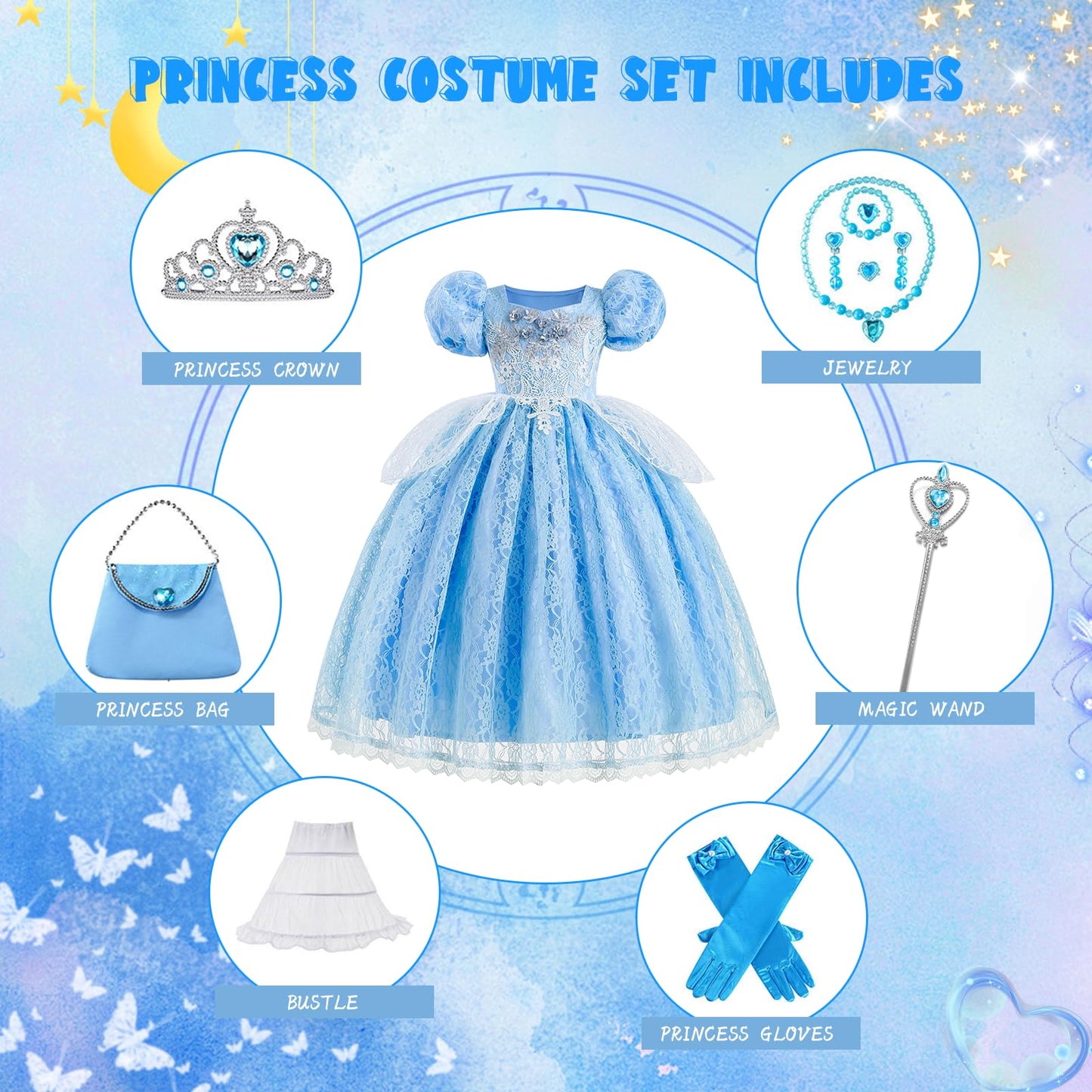Ljnyie Princess Dresses For Girls-Girls Blue Princess Costume Puff Sleeve 3-11 Year Old For Birthday Christmas Party(5-6 Years)