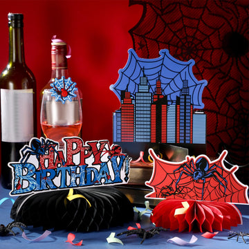 Outus 9 Pcs Spider Birthday Party Decorations Spider Honeycomb Centerpiece 3D Table Topper Standing Decorations Hero Web Theme P