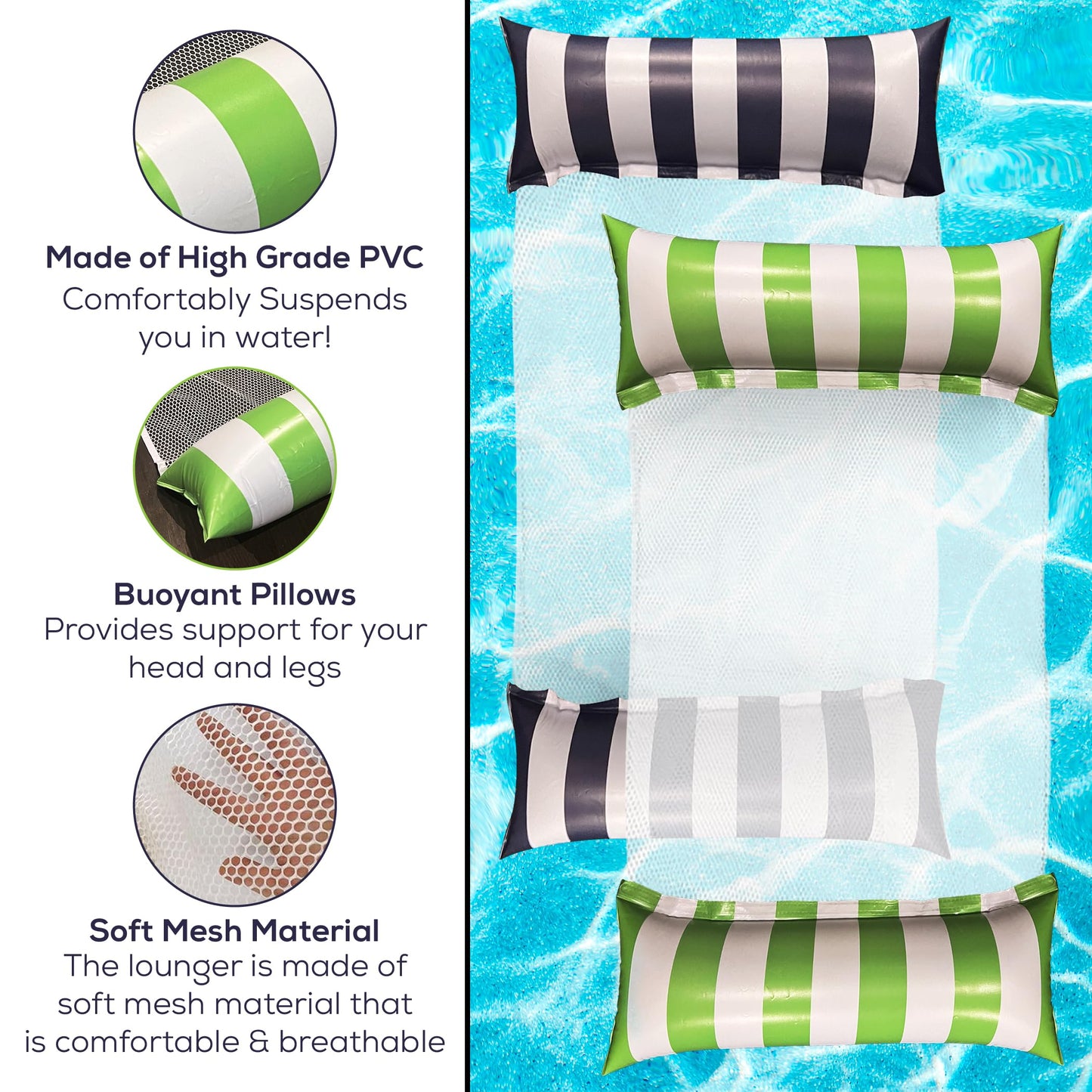 Sun Fun Pool Lounger Inflatable Pool Floats 5-in-1 Lounger Water Hck Float Multi-Purpose Floaties for mature-themeds  2 Pack  X-Large  Lime Green  and Navy Blue