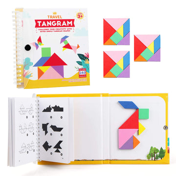 Vanmor Travel Tangram Puzzle - 3 Sets Of Magnetic Tangram With 240 Solution - Montessori Shape Pattern Blocks Jigsaw Road Trip G