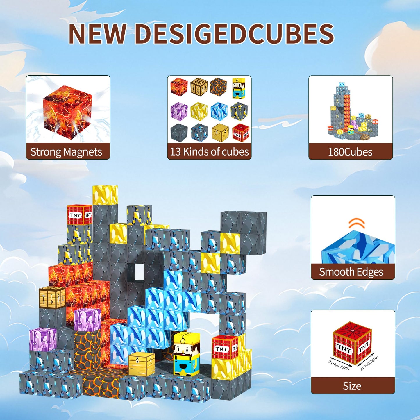 180PCS Magnetic Building Blocks for Kids - 0.8 Pixel Art Magnetic Cubes for Boys Ages 3 4 5 6 7 8-12  decorative replica blade Portal Magnet Block Set  STEM Sensory Educational Toys Ideal Birthday