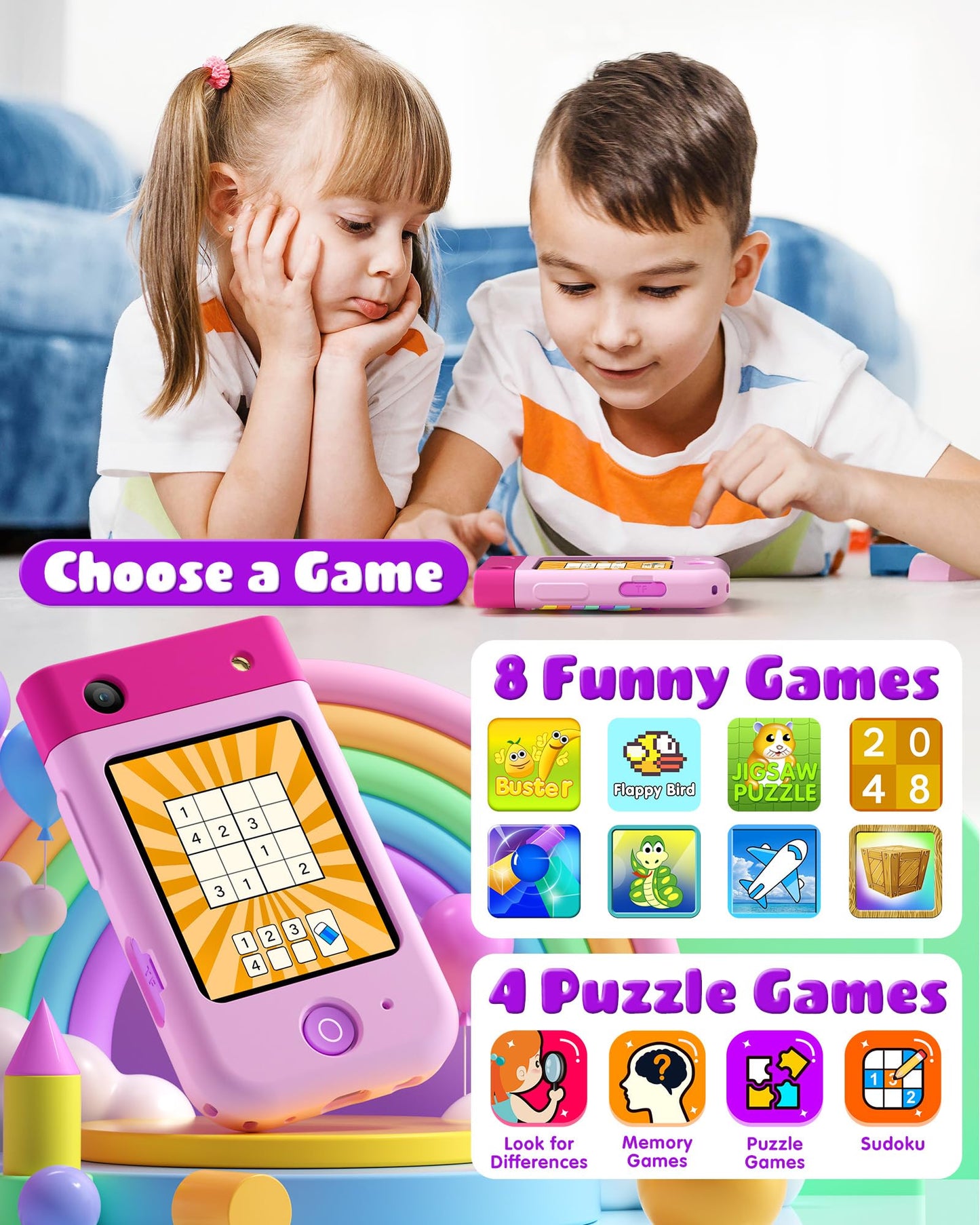 Kids Smart Phone Toy for Girls, Christmas Birthday Gift for Girls Ages 3-10, Touchscreen Toddler Play Phone with Rotating Camera