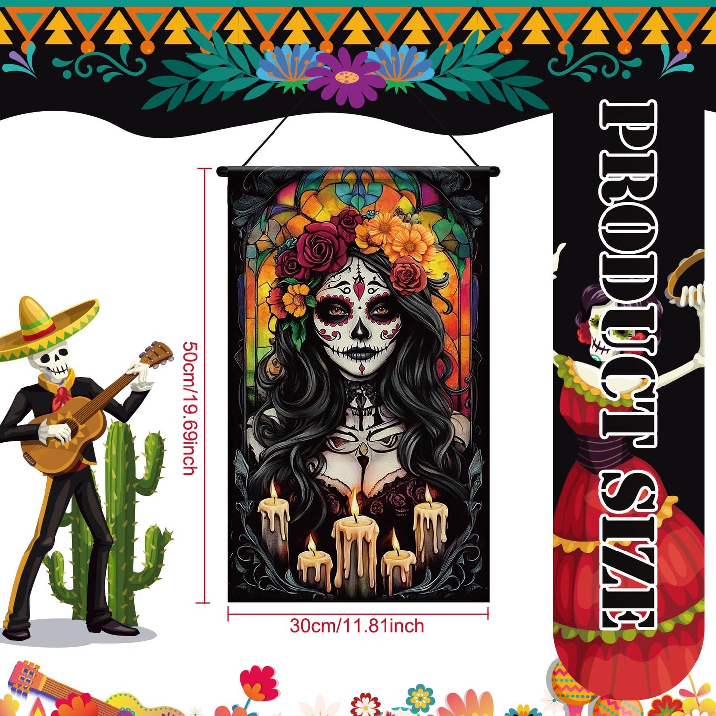 Tegeme 3 Pcs Day of The Dead Door Sign Flag Dia De Los Muertos Front Door Decoration Halloween Hanging Decor Banner Wall Flag Or