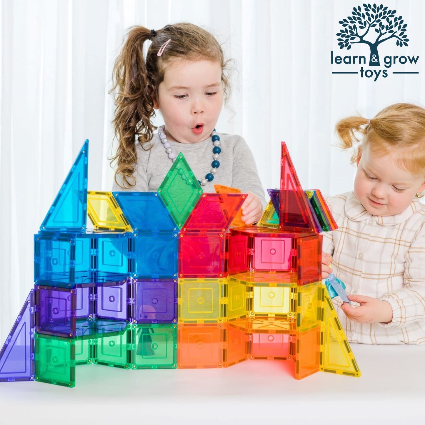Lean & Grow Toys 110Pcs Magnetic Tiles Builders Pack Kids Magnetic Building Sets 3D Magnet Tile Building Blocks Construction Edu