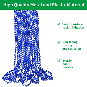 ZZYFGH 33'' 7mm Metallic Blue Bead Necklace Bulk, Mardi Gras Round Beaded Necklaces for Party Favors Costume Necklace (12 Pcs)