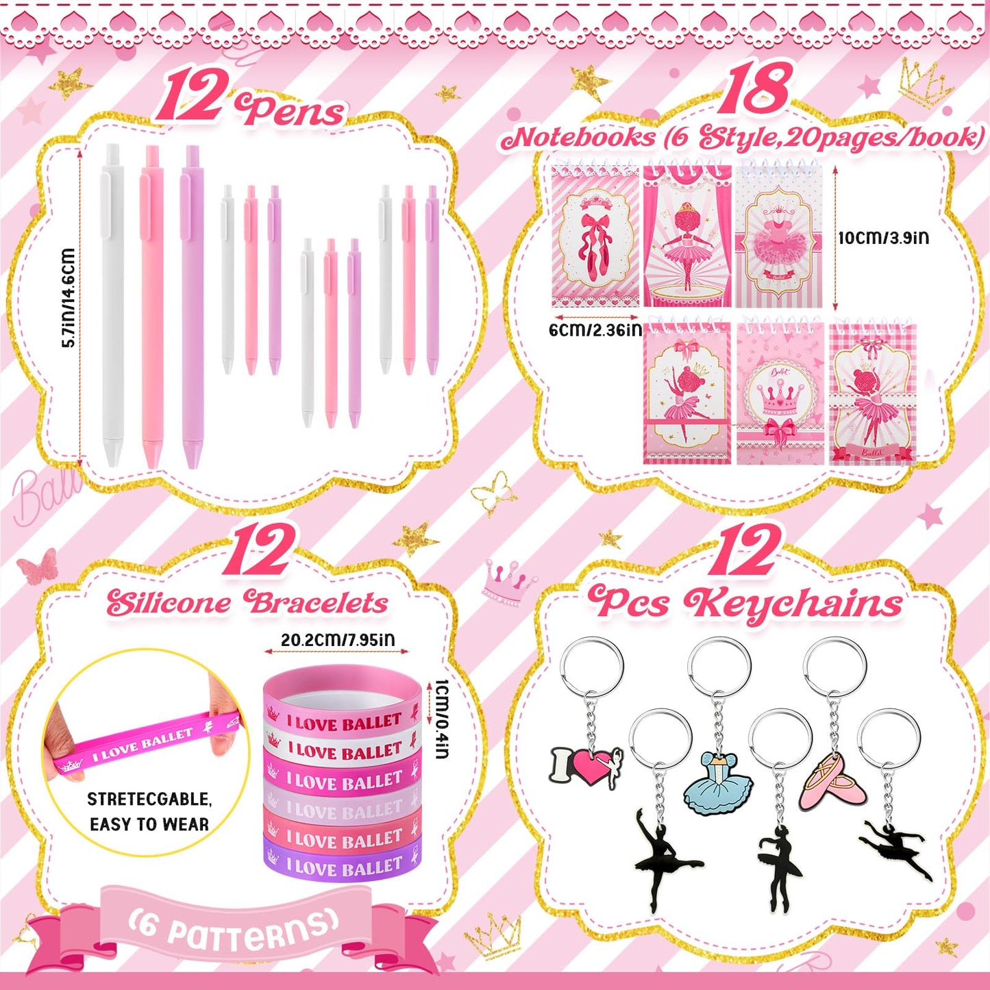 Yeaqee 98 Pcs Ballerina Party Favors Include Ballet Drawstring Backpacks Silicone Bracelets Keychains Blowouts Small Spiral Note