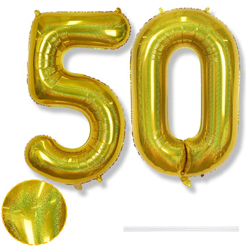 50 Year Old Birthday Balloons, Self Inflating Globos Dorados Giant Number 50 Balloons For Women, Laser Gold Iridescent 40 Inch 5