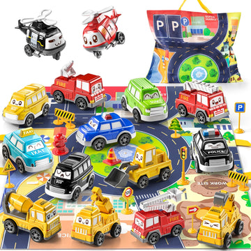 TEMI Baby Toddler Toys, 15 Pieces Baby Truck Car Toy with Play Mat/Storage Bag, Baby Toys for 1 2 3 Year Old Boy, 1 2 Year Old B