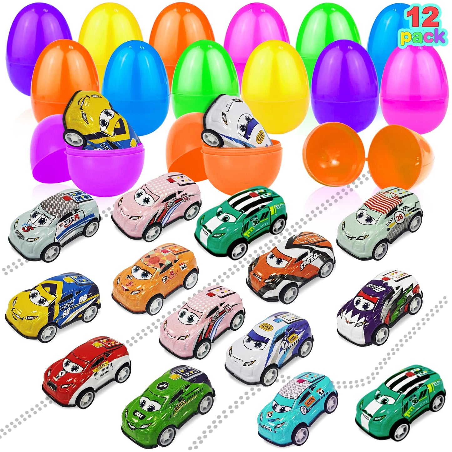 12 Pack Prefilled Easter Eggs Filled Pull Back Race Cars Toys, 2.2'' Colorful Mini Vehicles In Surprise Eggs For Easter Egg Hunt