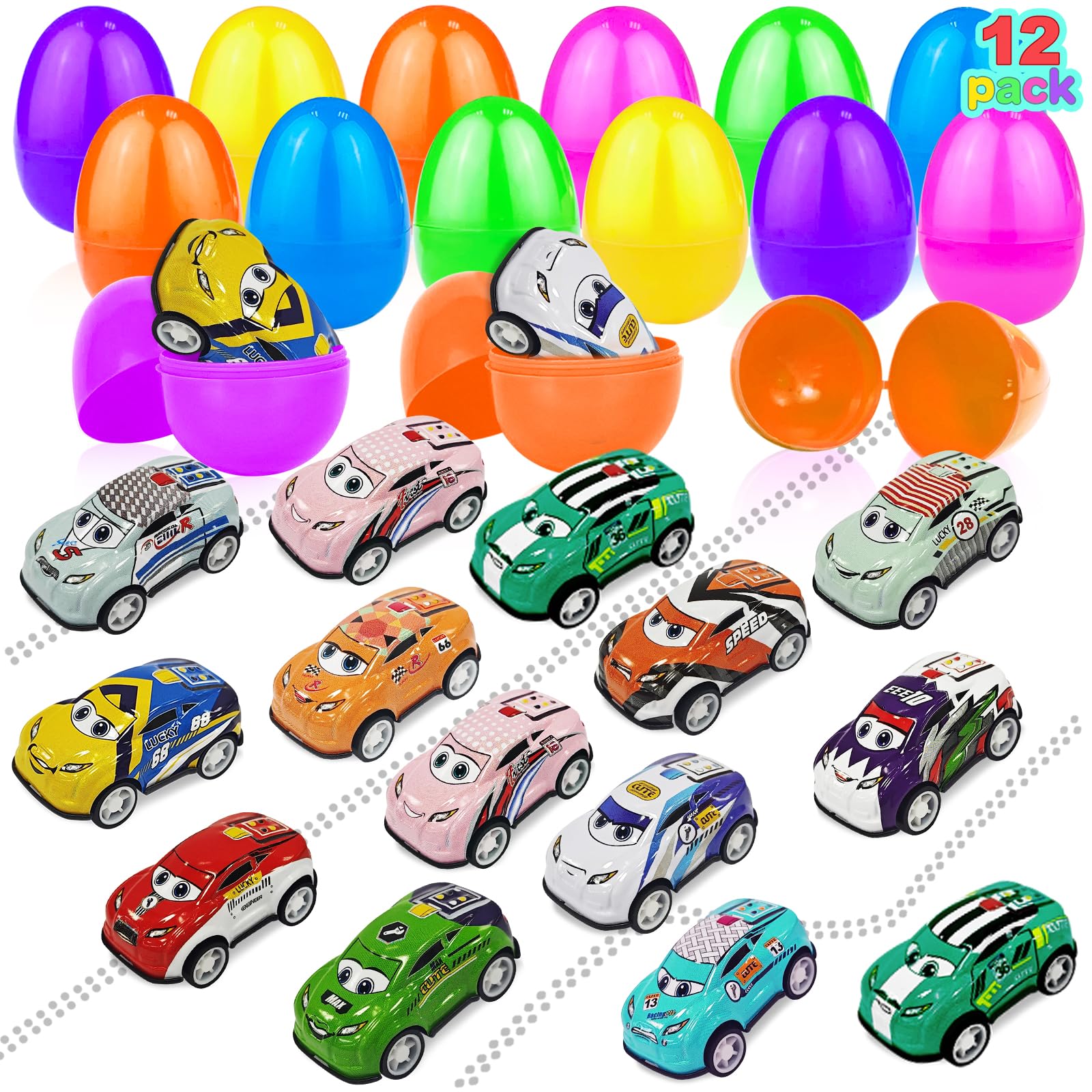 12 Pack Prefilled Easter Eggs Filled Pull Back Race Cars Toys, 2.2'' Colorful Mini Vehicles In Surprise Eggs For Easter Egg Hunt