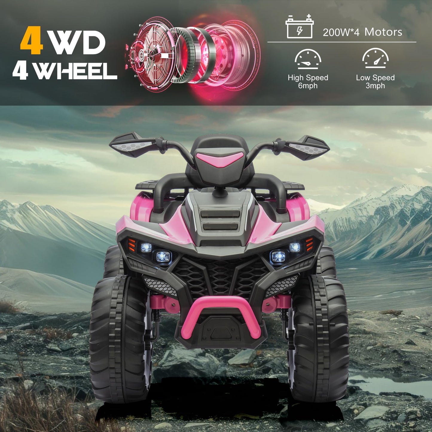 Kids ATV 4 Wheeler, 24V 4WD Electric ATV Ride On Toy for Big Kid w/ 2-Seater, 4x200W Motor, 6Mph Max Speed - Pink