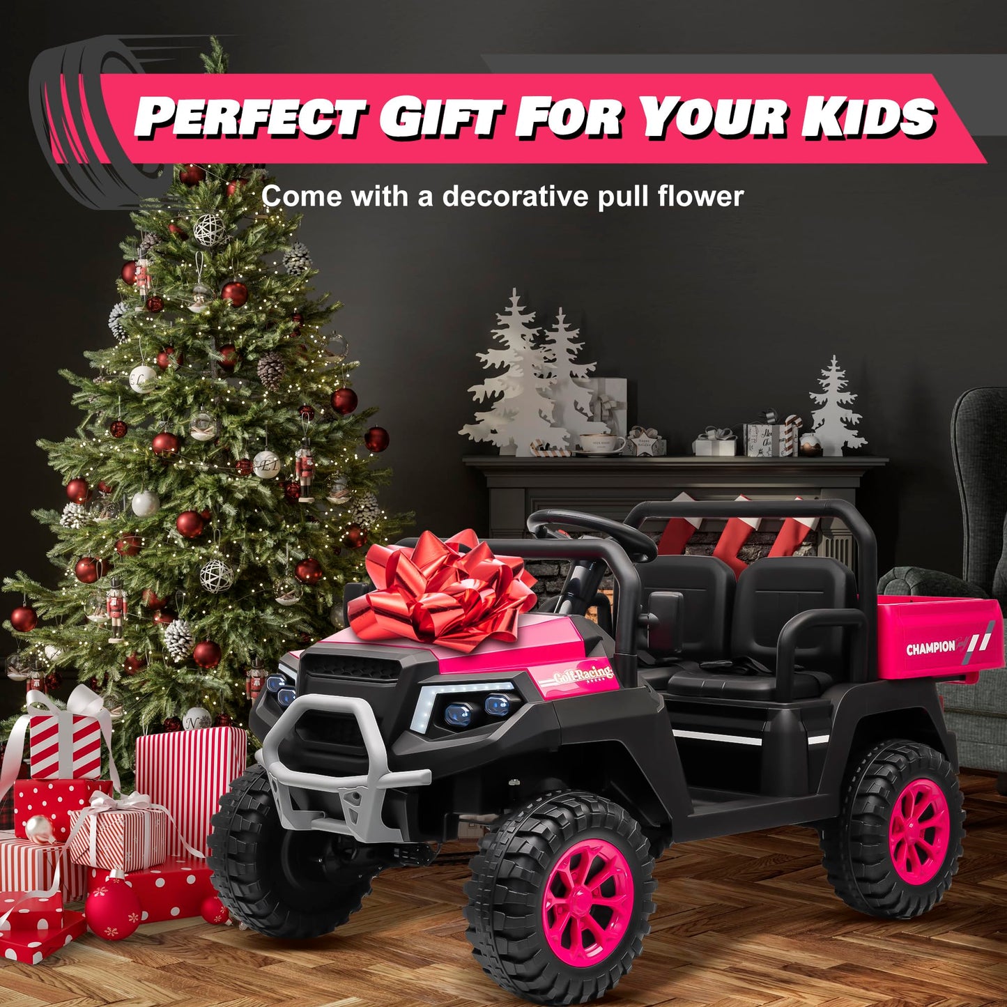 Anrli 24V 4Wd Ride On Truck Car W/800W Motors, Gift Flower, 20 ' ' Xl 2 Seaters, 2.4G Remote Control, 4 Wheeler, Music, Led Ligh