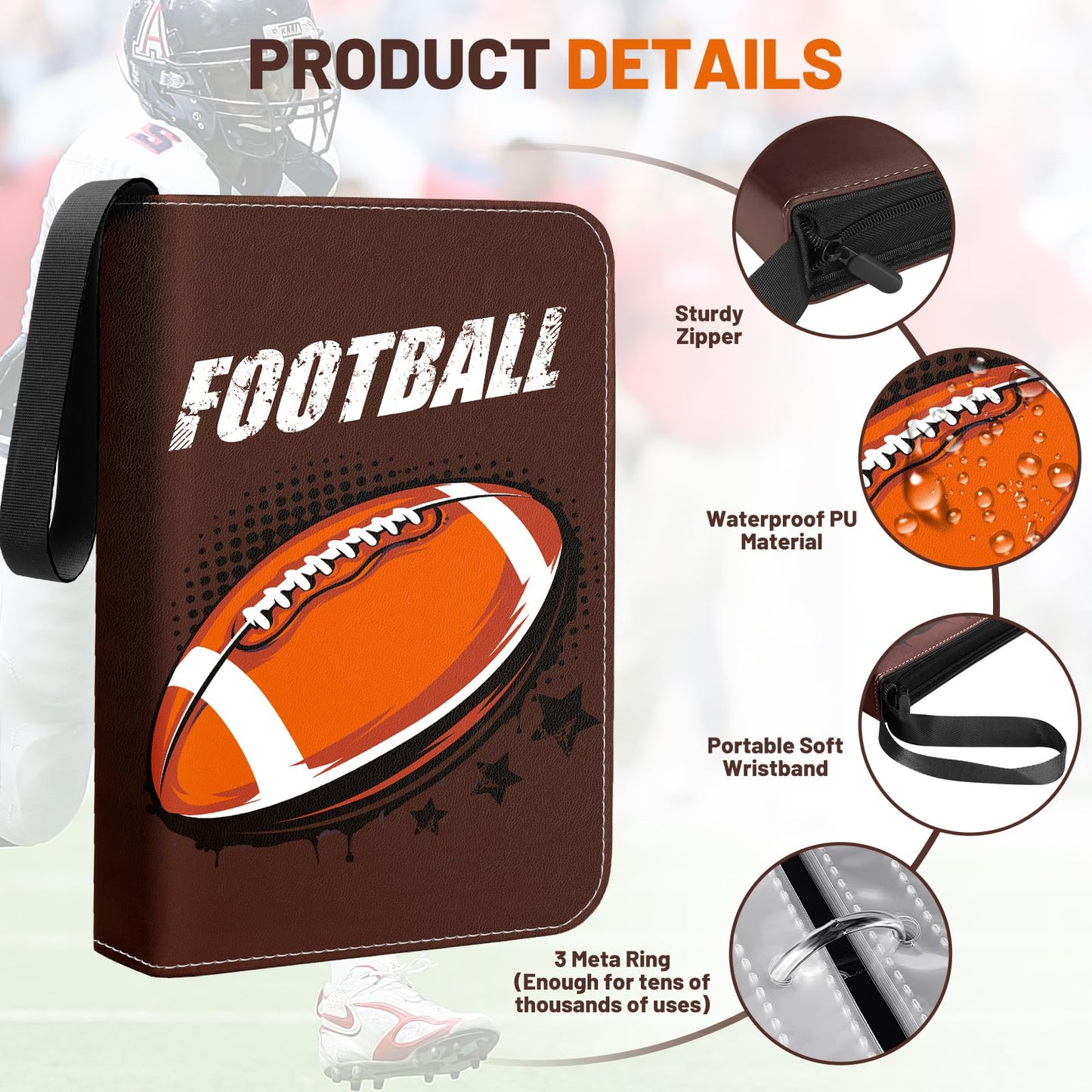 Football Card Binder  Trading Sports Card Binder Holder 900 Pockets with 50 Removable Pages  9 Pocket Collector Album Storage Double Sided enhanced Folder Book Case Gift for Boys And Girl(Brown)