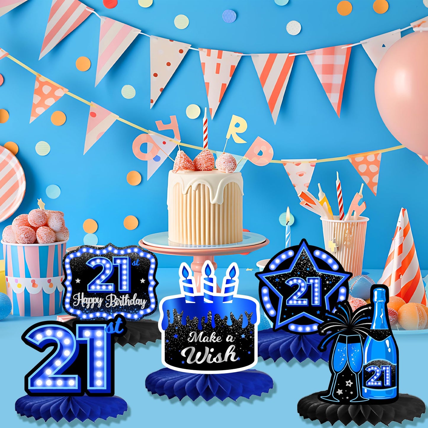 Happy 21st Birthday Honeycomb Centerpieces 9Pcs Stylish Sophisticated Blue Neon Theme Table Decor for Boys Girls Birthday Party