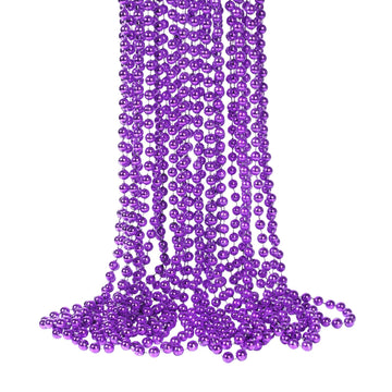 YAXINRUI 33 Inch 7 mm Metallic Purple Bead Necklaces, 15pcs Mardi Gras Beads Bulk Round Beaded Necklaces Costume Necklace for Ma