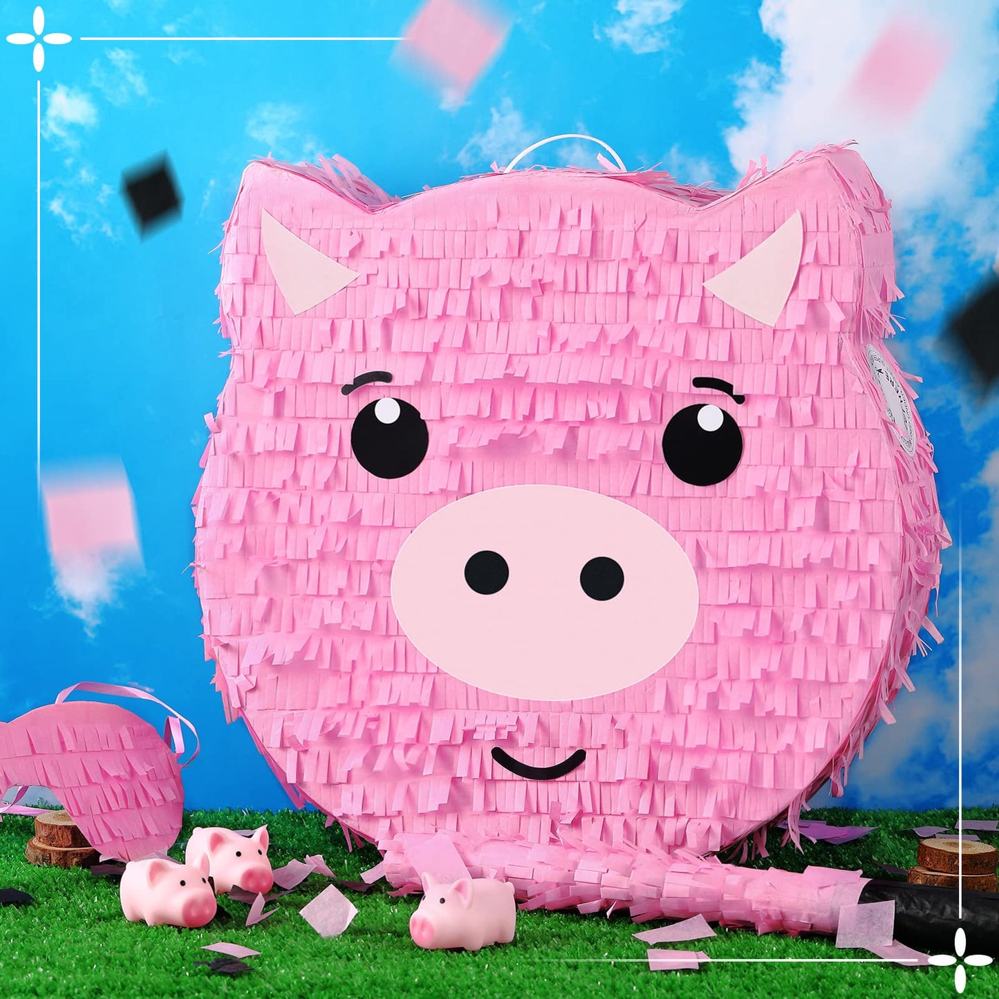Deekin Pig Piñata Stick Set with Blindfold and Confetti - Pink Party Supplies for Kids Birthday and Farm Theme Celebrations