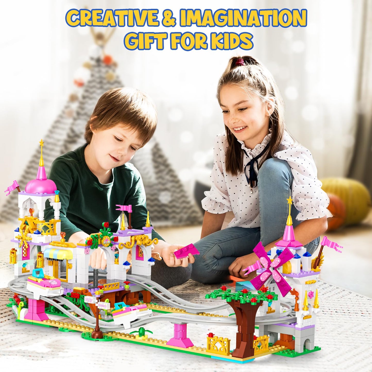 Hogokids Friend Roller Coaster Building Set - 711 Pieces Girls Amusement Building Block Kit Stem Playground Park Pink Construction Birthday Gift Toys For Kids Girls Boys Aged 6 7 8 9 10 11