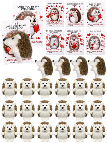 Blueweenly 24 Sets Valentines Day Gifts Mini Hedgehog Stuffs Bulk With Hedgehog Themed Cards Animal Plush Stuffed Keychain Frien