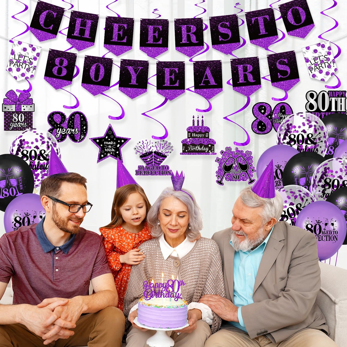 Purple 80Th Birthday Decorations For Women Men Purple Black 80Th Birthday Banner Hanging Swirls 80Th Birthday Balloons Happy 80Th Birthday Cake Topper For Purple Cheer To 80 Years Party Supplies
