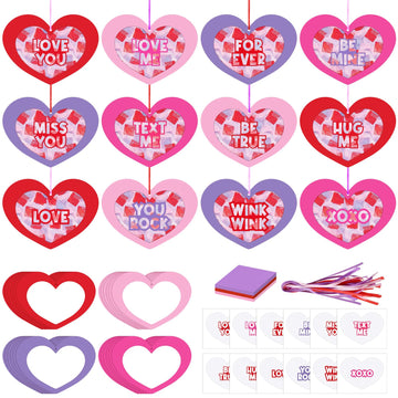 Realspring 24 Sets Valentines Day Crafts for Adults Conversation Suncatcher Crafts Kit Valentines Heart Cutout DIY Tissue Paper