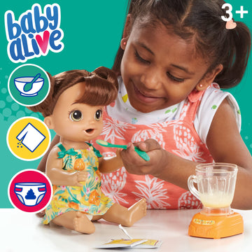 Baby Alive Tropical Treat Mixer Doll with Blender Accessories, Brown Hair, Model E6944, Ideal for Kids Ages 3 and Up