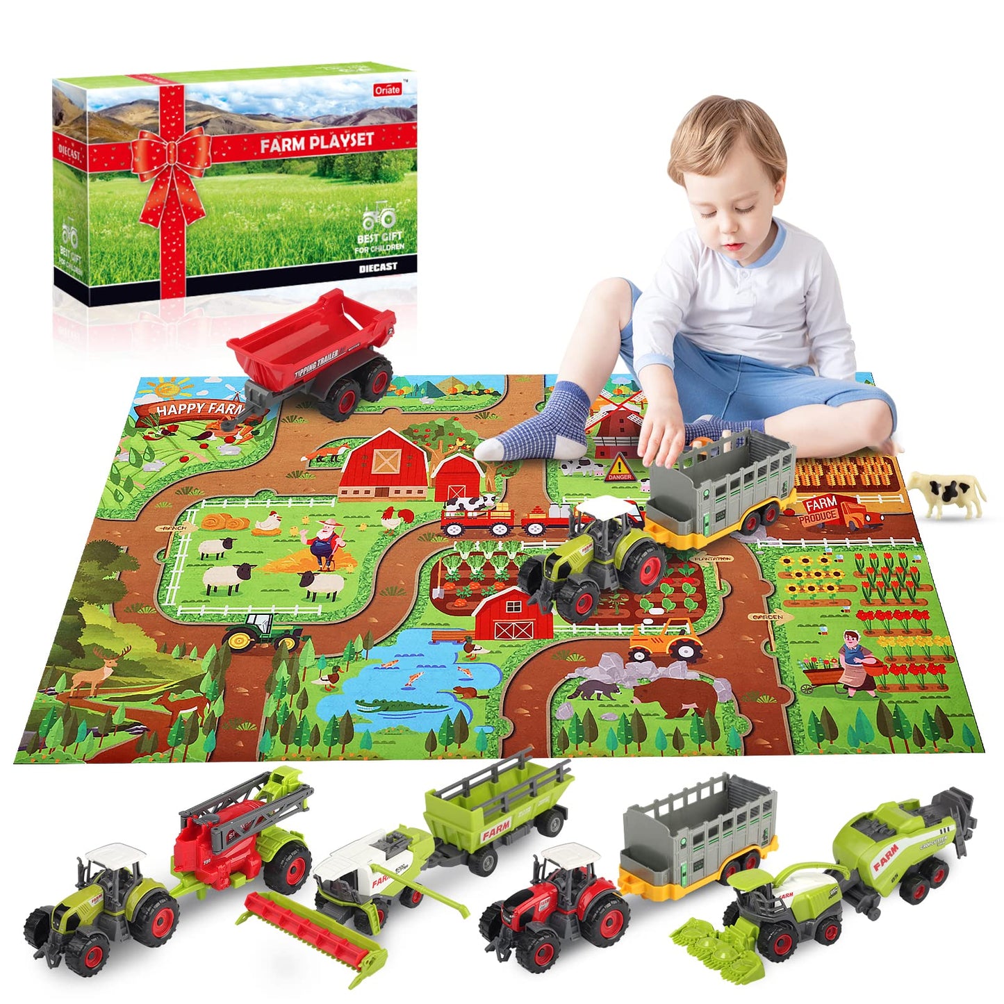 Oriate Farm Tractor Set, 34-Piece Die Cast Vehicle Playset, Large 4.8" Toys with Farm Mat, Metal, Model SQ80204