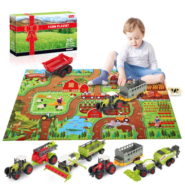 Oriate Farm Tractor Set 34 Piece Die Cast Vehicle Value Playset, Large Size 4.8' Tractors Toy Kids Birthday Gift, Farm Play Mat Tractors Animals Trailer Toys, Farm Equipment Accessories