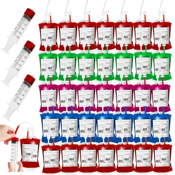 50 Packs Halloween Blood Iv Bags For Drinks, Halloween Drinks Pouches Reusable Juice Container For Zombie Theme Carnival Vampire Party Decorations Supplies, 12.6 Fl.Oz (50Pcs Bag, 50 Label,3 Syringes)