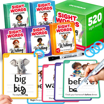 Quokka 520 Sight Words Flash Cards For Kids - 5 Levels From Pre-K To 3Rd Grade | Bold Font & Jumbo Size, Dry Erase, Reusable Cards Color-Coded With Rings For Sorting | Based On Dolch & Fry Word Lists