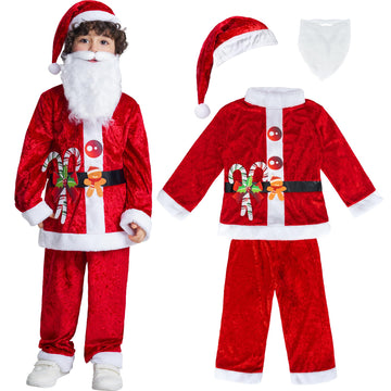 Ikali Kids Holiday Santa Claus Costume, Boys Children Christmas Costume Party Dress-Up Outfit With Hat & Mustache