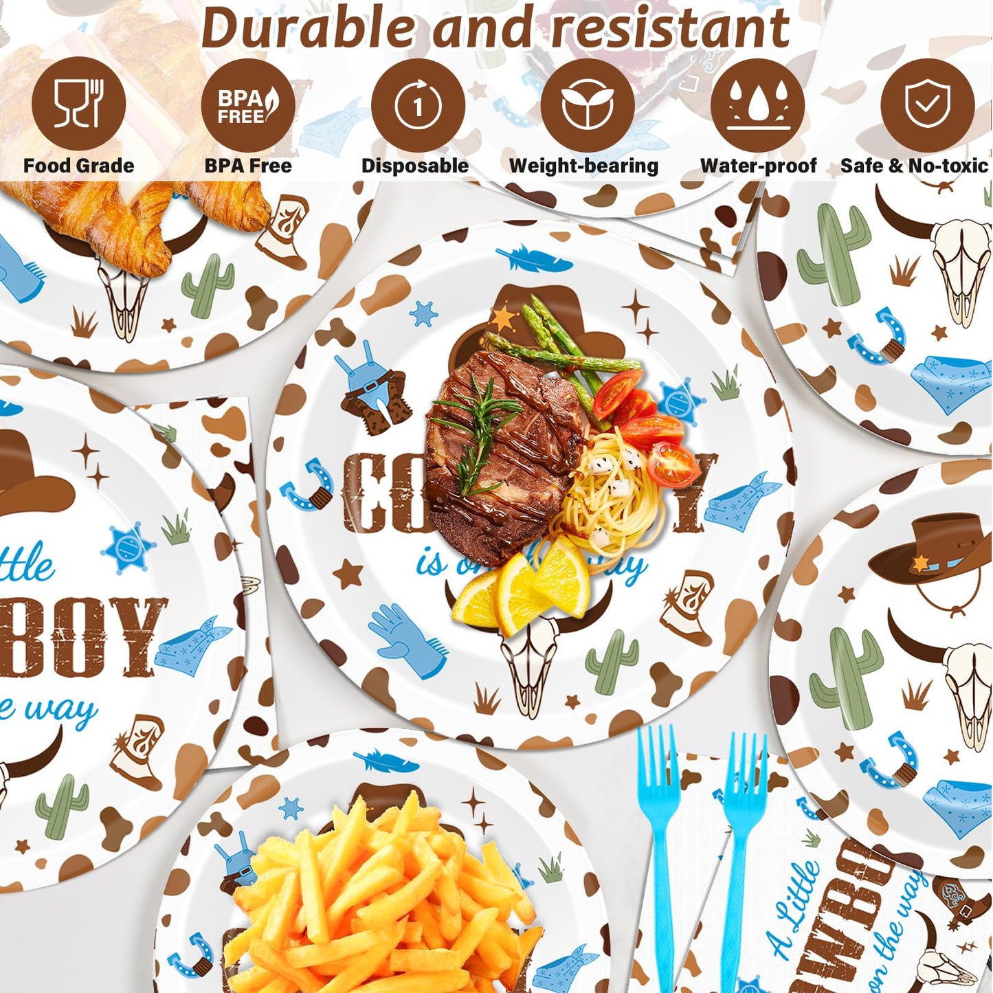 Gisgfim 96Pcs Cowboy Baby Shower Plates And Napkins Party Supplies Western Cowboy Party Birthday Tableware Set A Little Cowboy I