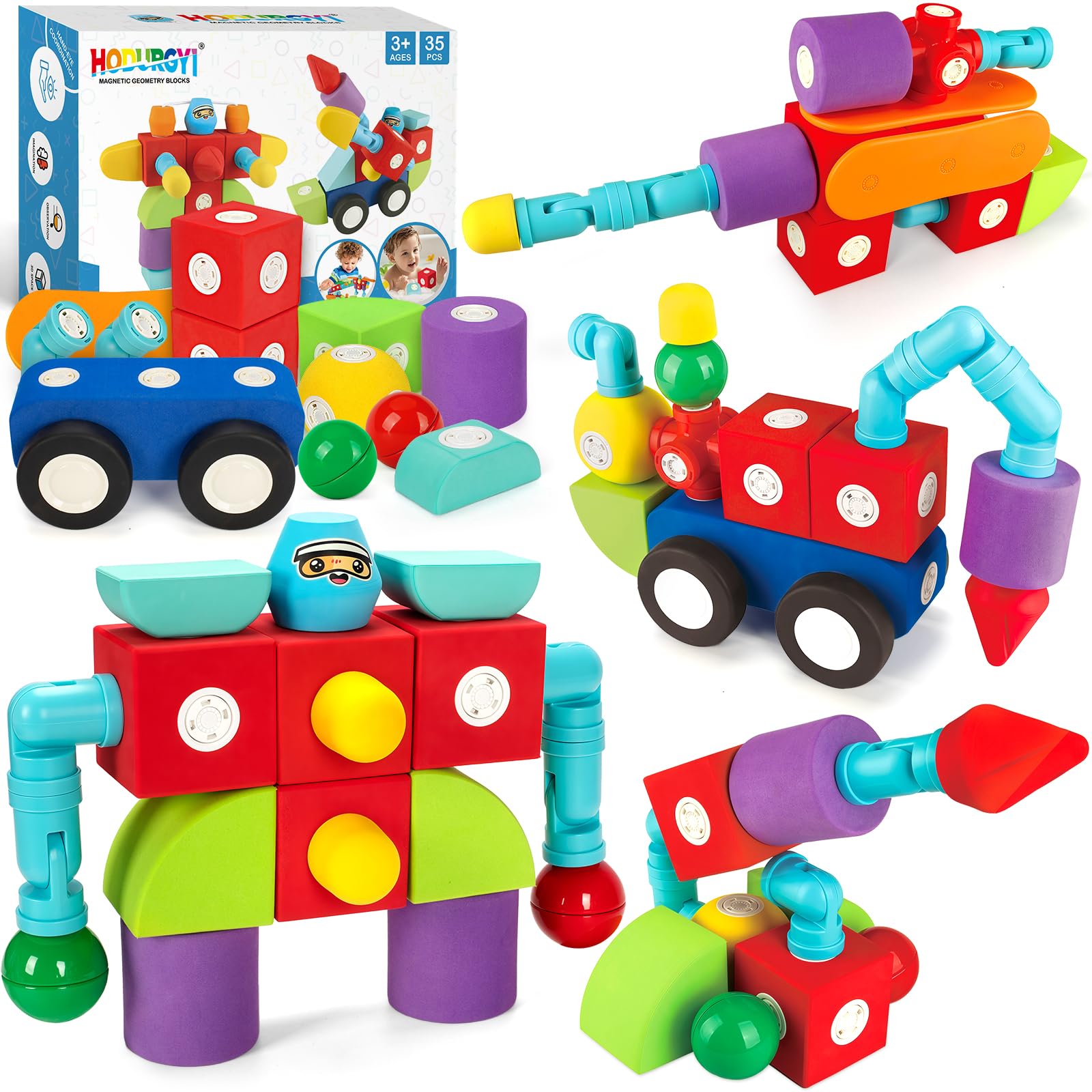 Hodurgyi 35 Pcs Magnetic Foam Blocks For Kids, Large Magnetic Building Blocks For Toddlers 3+, Kids Bath Toys And Preschool Stem