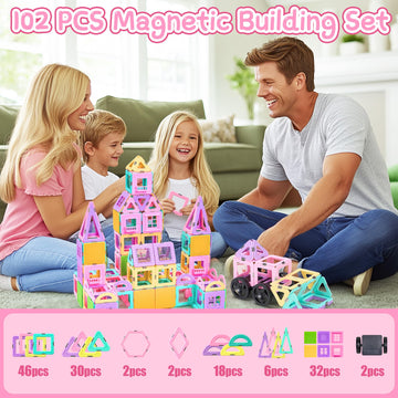 102 Pcs Magnetic Tiles Set, Magnet Building Blocks Set With Car For Kids Ages 3+, Stem Educational Montessori Learning Construct